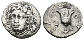 ISLANDS OFF CARIA. Rhodos. Circa 150-125 B.C. AR hemidrachm. Uncertain magistrate. Radiate head of Helios facing slightly right / Rose with bud to rig...