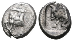 CARIA, Uncertain. Circa 450-400 BC. AR Obol. Forepart of bull left / Forepart of bull left within incuse square.
Weight 1,95 gr - Diameter 10 mm.