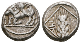 Cilicia, Tarsos AR 1/3 Stater. 420 BC. Lion attacking bull; everything within dotted border / Corn-ear within rhomboid square.
Weight 3,51 gr - Diamet...