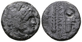 Kings of Macedon. Uncertain mint. Alexander III "the Great" 336-323 BC. Bronze Æ. Head of Herakles right, wearing lion skin / Bow in quiver right, bel...