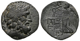 CILICIA. Elaiussa-Sebaste. 1st century BC. AE. Diademed head of Zeus to right; behind, ΘE. Rev. EΛAIOYΣIΩN Nike advancing left, holding wreath in her ...