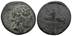 Pontos, Amisos, c. 105-85 BC. Æ. Struck under Mithradates VI. Wreathed head of Dionysos r. / Filleted thyrsos.
Weight 3,73 gr - Diameter 17 mm.