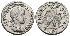 Gordian III AR Tetradrachm of Antioch, Seleucis and Pieria. AD 238-240. AYTOK K M ANT ΓOPΔIANOC CEB, laureate, draped, and cuirassed bust right, seen ...