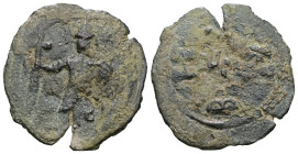 CRUSADERS, Edessa. Baldwin II. 1100-1118. Æ Light Follis. Struck circa 1110-1118. Baldwin, in helmet and mail, standing left, holding cross and [shiel...