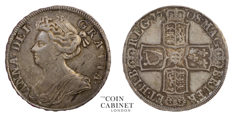 BRITISH COINS. Anne, 1702-14. Halfcrown, 1708, London. 15.03 g. 33 mm. KM-525.1;...
