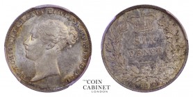 BRITISH COINS. Victoria, 1837-1901. Sixpence, 1858, London. PCGS MS64. 3.10 g. 19 mm. Mintage: 1,932,480. S.3908. Prooflike fields with beautiful rain...