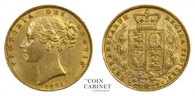 BRITISH GOLD SOVEREIGNS. Victoria, 1837-1901. Gold Sovereign, 1861, London. Shield. 7.99 g. 22.05 mm. Mintage: 7,624,736. Marsh 44, S.3852D. Extremely...