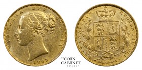 BRITISH GOLD SOVEREIGNS. Victoria, 1837-1901. Gold Sovereign, 1863, London. Shield. 7.97 g. 22.05 mm. Mintage: 5,921,669. Marsh 46, S.3852D. No die nu...