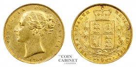 BRITISH GOLD SOVEREIGNS. Victoria, 1837-1901. Gold Sovereign, 1869, London. Shield. 8.00 g. 22.05 mm. Mintage: 6,441,322. Marsh 53, S.3853. Die number...