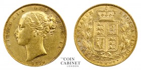 BRITISH GOLD SOVEREIGNS. Victoria, 1837-1901. Gold Sovereign, 1870, London. Shield. 7.99 g. 22.05 mm. Mintage: 2,189,960. Marsh 54; S.3853B. Die numbe...