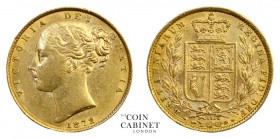 BRITISH GOLD SOVEREIGNS. Victoria, 1837-1901. Gold Sovereign, 1872, London. Shield. 7.99 g. 22.05 mm. Mintage: 13,486,708. Marsh 56, S.3853B. Die numb...