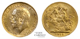 BRITISH GOLD SOVEREIGNS. George V, 1910-36. Gold Sovereign, 1913, London. 7.99 g. 22.05 mm. Mintage: 24,539,672. Marsh 215, 3996. Extremely fine.