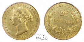 AUSTRALIAN GOLD SOVEREIGNS. Victoria, 1837-1901. Gold Sovereign, 1865-SY, Sydney. PCGS AU58. 7.99 g. 22.05 mm. Mintage: 2,130,500. Marsh 370; KM.4; Mc...