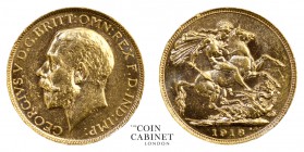 AUSTRALIAN GOLD SOVEREIGNS. George V, 1910-36. Gold Sovereign, 1918-P, Perth. 7.99 g. 22.05 mm. Mintage: 3,812,884. Marsh 257, S.4001. About uncircula...