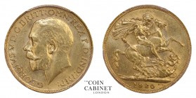 AUSTRALIAN GOLD SOVEREIGNS. George V, 1910-1936. Gold Sovereign, 1920-M, Melbourne. PCGS MS62. 7.99 g. 22.05 mm. S.3999. Very hard to find in this gra...