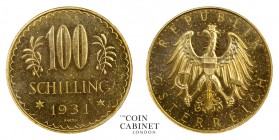 WORLD COINS. AUSTRIA. Republic, 1918-38. Gold 100 Schilling, 1931, Vienna. 23.52 g. Mintage: 101,935. KM# 2842. Uncirculated and prooflike.