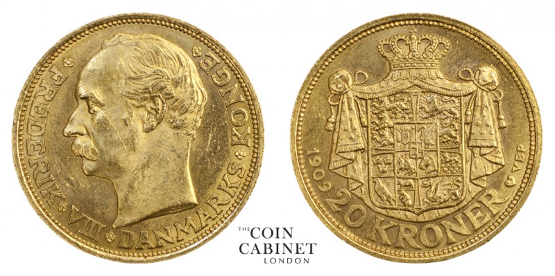 WORLD COINS. DENMARK. Frederik VIII, 1906-12. Gold 20 Kroner, 1909, Copenhagen. ...