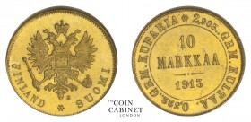 WORLD COINS. FINLAND: RUSSIAN DUCHY. Nicholas II, 1894-1917. Gold 10 Markkaa, 1913-S, Helsinki. NGCﾠMS65. 3.23 g. 18.9 mm. Mintage: 396,000. KM 8.2. H...