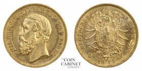 WORLD COINS. GERMAN STATES: BADEN. Friedrich I, 1856-1907. Gold 20 Mark , 1873-G, Karlsruhe. 7.97 g. 22.5 mm. Mintage: 397,988. Jaeger 184. About unci...