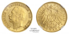 WORLD COINS. GERMAN STATES: BADEN. Friedrich II, 1904-18. Gold 10 Mark, 1910-G, Karlsruhe. NGC MS63. 3.98 g. 19 mm. Mintage: 60,649. Jaeger 191. Scarc...