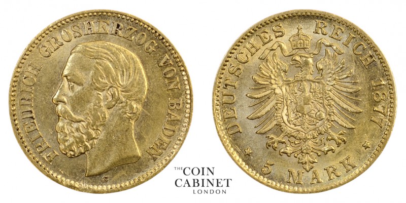WORLD COINS. GERMAN STATES: BADEN. Friedrich I, 1856-1907. Gold 5 Mark, 1877-G, ...