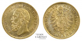 WORLD COINS. GERMAN STATES: BADEN. Friedrich I, 1856-1907. Gold 5 Mark, 1877-G, Karlsruhe. 1.99 g. 16 mm. Mintage: 345,089. Jaeger 185. extremely fine...