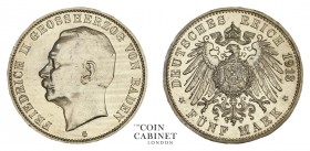 WORLD COINS. GERMAN STATES: BADEN. Friedrich II, 1904-18. 5 Mark, 1913-G, Karlsruhe. 27.77 g. 38 mm. Mintage: 244,000. Jaeger 40. About uncirculated.
