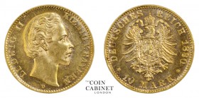 WORLD COINS. GERMAN STATES: BAVARIA. Ludwig II, 1864-86. Gold 10 Mark, 1880-D, M�nchen. 3.98 g. 19 mm. Mintage: 299,200. Jaeger 196. Uncirculated.
