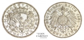 WORLD COINS. GERMAN STATES: BREMEN. Free City. 5 Mark, 1906-J, Hamburg. 27.77 g. 38 mm. Mintage: 40,846. Jaeger 60. Extremely fine.