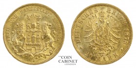WORLD COINS. GERMAN STATES: HAMBURG. Free City. Gold 20 Mark, 1878-J, Hamburg. 7.97 g. 22.5 mm. Mintage: 2,007,960. Jaeger 210. About uncirculated.