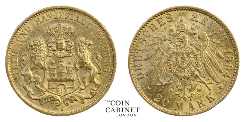 WORLD COINS. GERMAN STATES: HAMBURG. Free City. Gold 20 Mark, 1894-J, Hamburg. 7...
