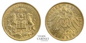WORLD COINS. GERMAN STATES: HAMBURG. Free City. Gold 20 Mark, 1894-J, Hamburg. 7.97 g. 22.5 mm. Mintage: 500,635. Jaeger 212. About uncirculated.