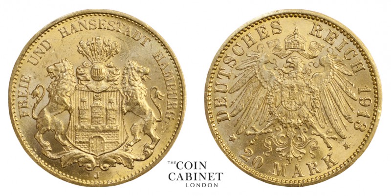 WORLD COINS. GERMAN STATES: HAMBURG. Free City. Gold 20 Mark, 1913-J, Hamburg. 7...