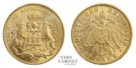 WORLD COINS. GERMAN STATES: HAMBURG. Free City. Gold 20 Mark, 1913-J, Hamburg. 7.97 g. 22.5 mm. Mintage: 491,133. Jaeger 212. Uncirculated.