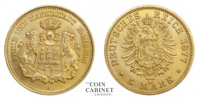 WORLD COINS. GERMAN STATES: HAMBURG. Free City. Gold 5 Mark, 1877-J, Hamburg. 1.99 g. 16 mm. Mintage: 440,820. Jaeger 208. Scarce, especially in the g...