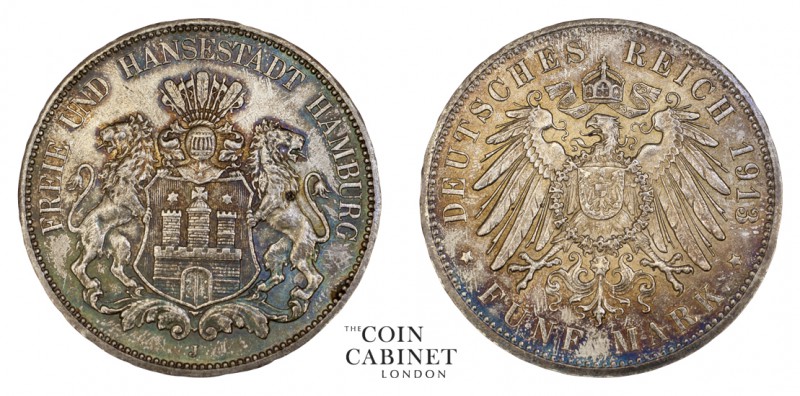 WORLD COINS. GERMAN STATES: HAMBURG. Free City. 5 Mark, 1913-J, Hamburg. 27.77 g...