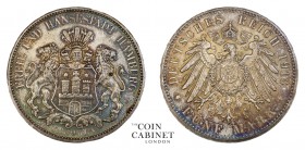 WORLD COINS. GERMAN STATES: HAMBURG. Free City. 5 Mark, 1913-J, Hamburg. 27.77 g. 38 mm. Mintage: 326,800. Jaeger 65. Uncirculated and attractively to...