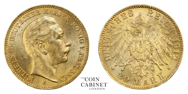 WORLD COINS. GERMAN STATES: PRUSSIA. Wilhelm II, 1888-1918. Gold 20 Mark, 1912-J...