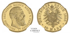 WORLD COINS. GERMAN STATES: PRUSSIA. Friedrich III, 1888. Proof Gold 10 Mark, 1888-A, Berlin. NGCﾠPR58. 3.98 g. 19 mm. Jaeger 247. Housed in a secure ...