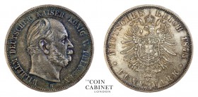 WORLD COINS. GERMAN STATES: PRUSSIA. Wilhelm I, 1861-88. 5 Mark, 1875-A, Berlin. 27.77 g. 38 mm. Mintage: 852,836. Jaeger 97. Scarce this nice. , Extr...