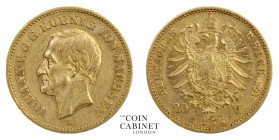 WORLD COINS. GERMAN STATES: SAXONY. Johann, 1854-73. Gold 20 Mark, 1873-E, Dresden. 7.97 g. 22.5 mm. Mintage: 1,084,927. Jaeger 259. Good very fine.