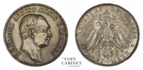 WORLD COINS. GERMAN STATES: SAXONY. Friedrich August, 1904-18. 3 Mark, 1908-E, Muldenh�tten. 16.67 g. 33 mm. Mintage: 276,073. Jaeger 135. Uncirculate...