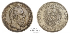 WORLD COINS. GERMAN STATES: W�RTTEMBERG. Karl, 1864-91. 5 Mark, 1876-F, Stuttgart. 27.77 g. 38 mm. Mintage: 896,725. Jaeger 173. Scarce in higher grad...