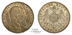 WORLD COINS. GERMAN STATES: W�RTTEMBERG. Wilhelm II, 1891-1918. 5 Mark, 1908-F, Stuttgart. 27.77 g. 38 mm. Mintage: 521,716. Jaeger 176. Extremely fin...