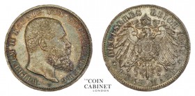 WORLD COINS. GERMAN STATES: W�RTTEMBERG. Wilhelm II, 1891-1918. 5 Mark, 1913-F, Stuttgart. 27.77 g. 38 mm. Mintage: 341,200. Jaeger 176. A few marks i...