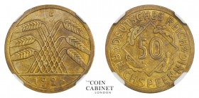 WORLD COINS. GERMANY: WEIMAR REPUBLIC. Republic, 1919-33. 50 Reichspfennig, 1925-E, Muldenhuetten. NGC MS62. Scarce. 5.00 g. Mintage: 1,805,000. KM# 4...