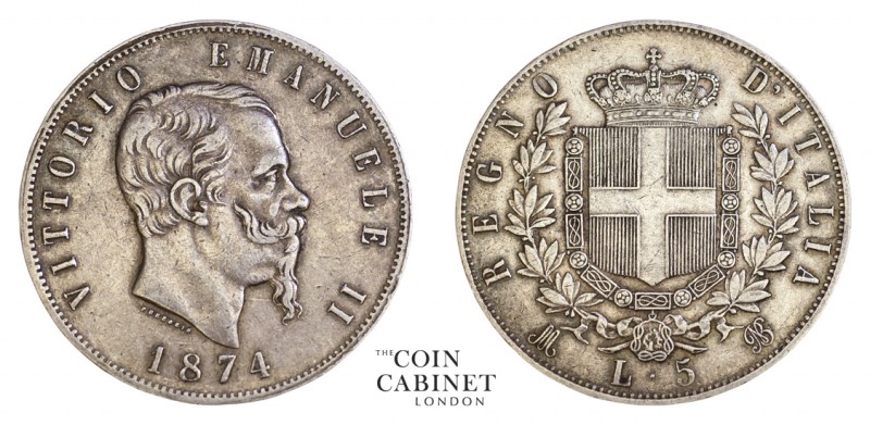 WORLD COINS. ITALY. Vittorio Emanuele II, 1861-78. 5 Lire, 1874-M BN, Milan. 25....