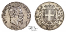 WORLD COINS. ITALY. Vittorio Emanuele II, 1861-78. 5 Lire, 1874-M BN, Milan. 25.00 g. 37 mm. Mintage: 12,000,000. KM# 8.3. Good very fine.
