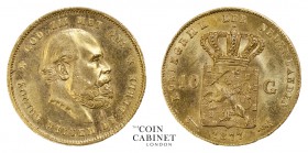 WORLD COINS. NETHERLANDS. Willem III, 1849-90. Gold 10 Gulden, 1877, Utrecht. 6.73 g. 22.5 mm. Mintage: 1,108,149. KM# 106. About uncirculated.