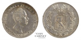 WORLD COINS. NORWAY. Oscar I, 1844-59. 12 Skilling, 1856, Kongsberg. 2.89 g. Mintage: 812,000. NM 33, KM# 314.2. About very fine.